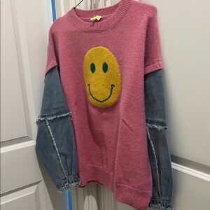 BiBi Pink Sweater with Yellow Smiley and Denim Sleeves